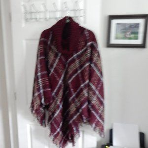 Knit & Woven Boucle Plaid Cowl Neck Poncho NWT